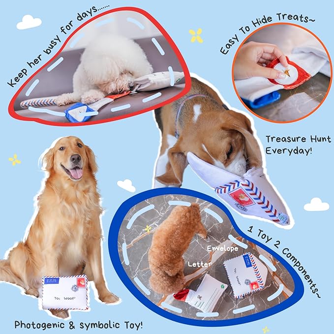 Hong Kong Airmail Soft Plush Nose-Work Squeaky Dog Toy - Durable & Cute 2-in-1 Envelope & Letter for Interactive Play, Extendable Cloth to Hide Food for Puzzle Fun, Small Medium Dogs
