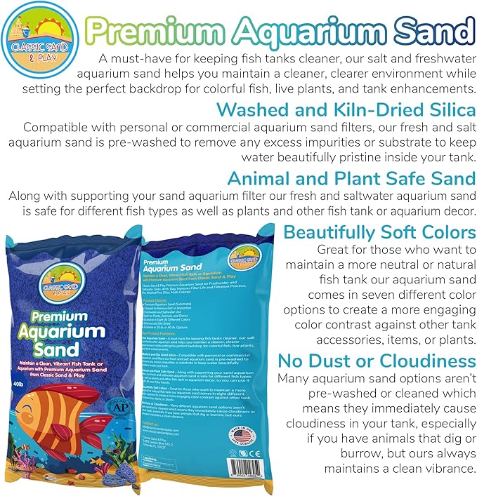 CLASSIC SAND & PLAY Natural Aquarium Sand for Freshwater and Saltwater Tanks, 40 lb. Bag, Improves Filter Life and Filtration Process, Pre-Washed Fine Sand, Blue