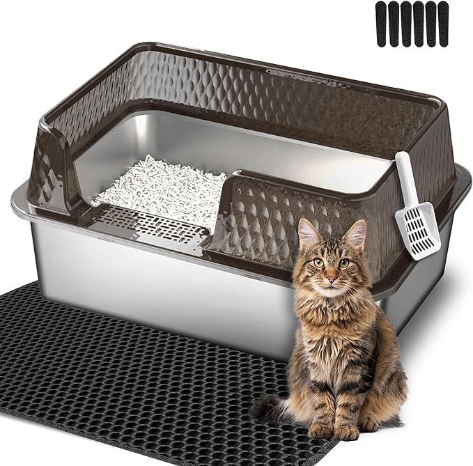 Suhaco Stainless Steel Litter Box Side Entry, Kitty Black Litter Mat and White Scoop Included Covered Metal High Sided Large Cat Litter Box with Lid Removable Enclosure for Medium Cats (Black)