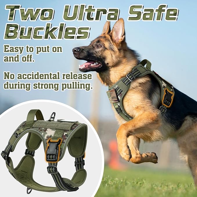 rabbitgoo Tactical Dog Harness for Large Dogs, No Pull Military Service Vest with Handle & Molle, Easy Control for Training Walking, Adjustable Reflective Straps, Green camo, XL