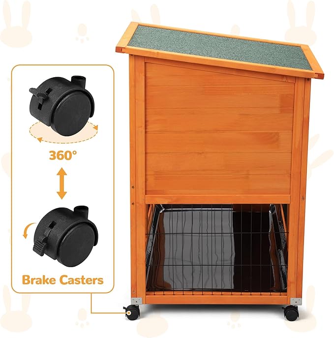 Indoor Rabbit Hutch Outdoor Bunny Hutch with Wheels, 2 Pull-Out Trays, Waterproof Openable Roof, 39" L Large 2-Level Wooden Rabbit Cage Small Animal Enclosure, Orange