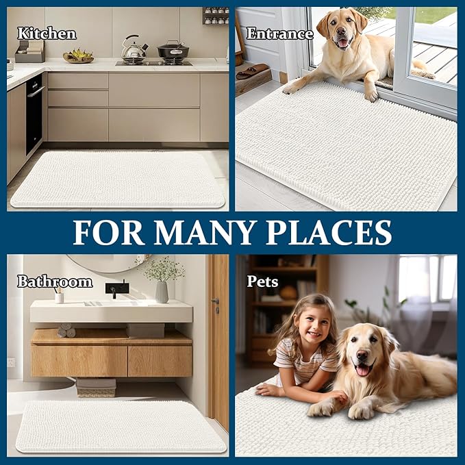 OLANLY Dog Door Mat for Muddy Paws 70x46, Absorbs Moisture and Dirt, Absorbent Non-Slip Washable Doormat, Quick Dry Chenille Mud Mat for Dogs, Entry Indoor Entryway Carpet for Inside Floor, Ivory