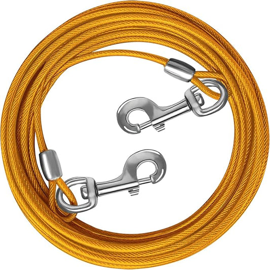Dog Tie Out Cable 10/15/20/25/30 FT Runner for Yard Steel Wire Cable with Durable Superior Clips Yellow Chains for Outside Dog Lead for Large Up to 165 Lbs