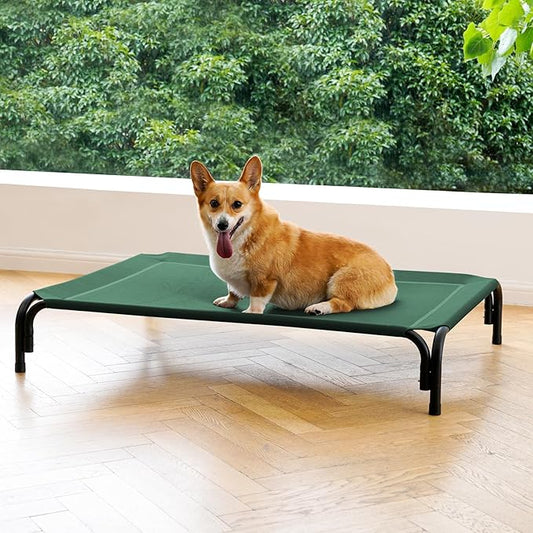 Elevated Dog Bed Raised Outdoor Dog Cot for Medium Dogs, Installation Requires No Tools, Frame with Washable Cooling Breathable Mesh Anti-Slip Feet, Indoor Pet Bed, Green, 35.4 Inches