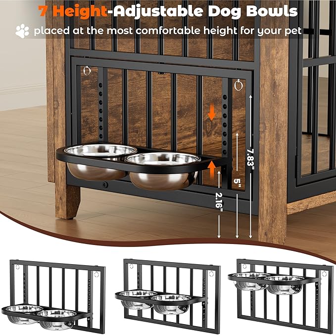 Lulive Dog Crate Furniture, Wooden Dog Kennel Indoor with Adjustable 360°& Height Dog Bowls, Double Doors Furniture Dog Crates End Table for Small/Medium 31.5" L*22.5" W*25.6" H, Brown