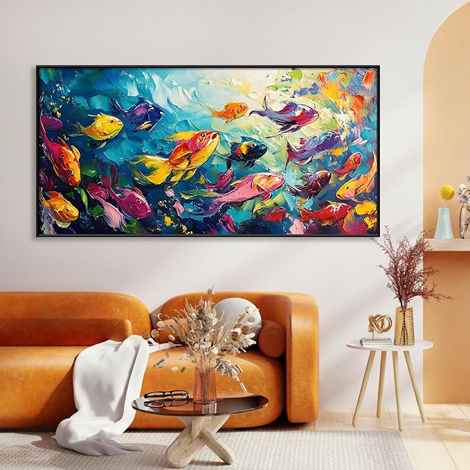 School of Fish Printed Canvas Wall Art – Framed Abstract Ocean Print – Vibrant Fish Wall Decor for Living Room, Bedroom, Office (Black Framed, 62"x31"|160x80cm)