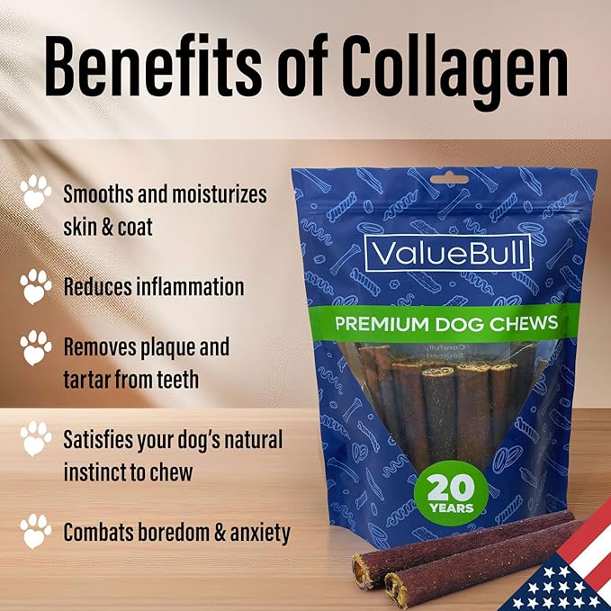 ValueBull USA Collagen Sticks for Dogs, 6 Inch Thick Chews, Natural Long-Lasting Dog Treats, 400 Count Wholesale Pack - Promotes Joint, Skin & Coat Health with Glucosamine and Chondroitin