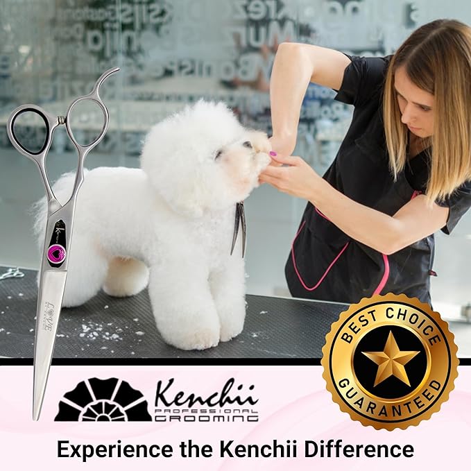 Kenchii Love Left Handed Dog Grooming Scissors, 7 Inch Straight Shears, Dog Scissors for Grooming, Professional Pet Grooming Scissors, Ergonomic & Comfortable