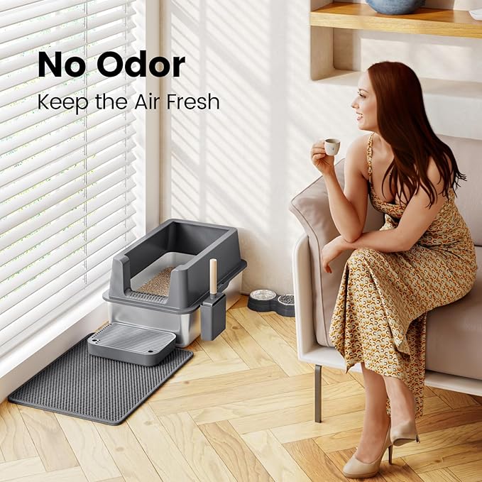 Stainless Steel Cat Litter Box - Enclosed XL Metal Kitty Litter Box with Lid for Big Cats, High Sided, Anti-Leakage, Easy Cleaning, Non-Sticky, Included Litter Mat, Cat Bowl & Spoon