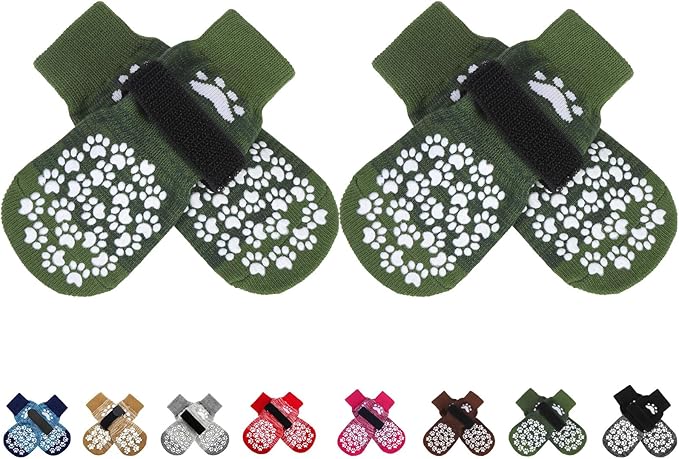EXPAWLORER Anti Slip Dog Socks to Prevent Licking Paws, Shoes for Hot Pavement, Dog Booties for Small Medium Large Senior Dogs, Traction Control Boots & Paw Protectors for Hardwood Floors ArmyGreen