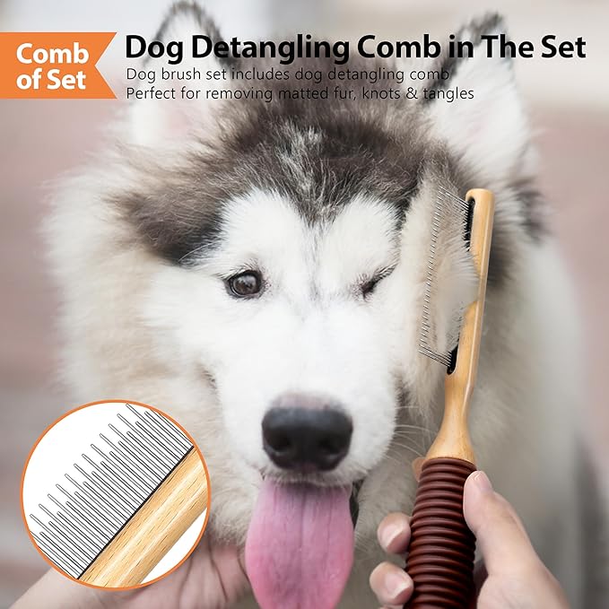 Dog Brush for Long Haired Dogs, 27mm Extra Long Metal Pin Dog Deshedding Brush and Comb Set, Short Haired Shedding Grooming Detail Pets Brush Set with Rubber Handle