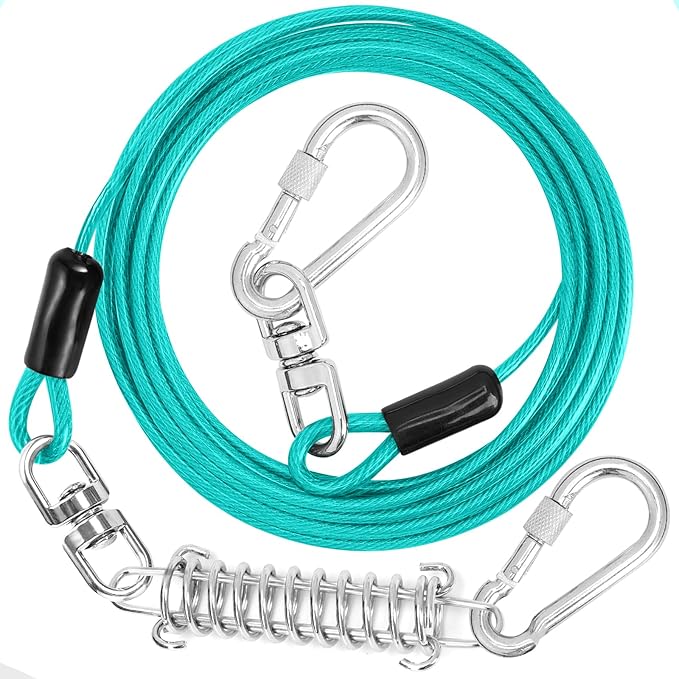 jenico Dog Tie Out Cable - 25ft Dog Lead for Yard - Heavy Duty Dog Chain with Shock Spring - Outdoor Tether Leash for Small Large Dogs Up to 500 lbs