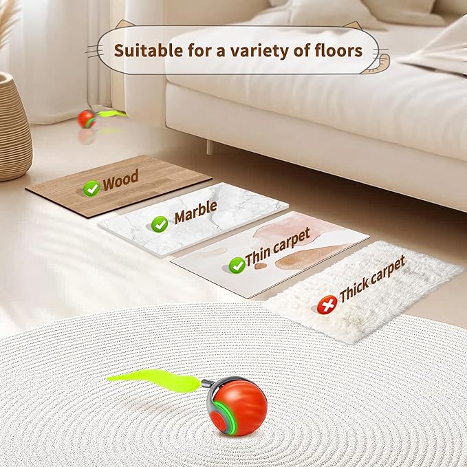 Speedy Tail 2.0 Interactive Cat Toy – Smart Self-Rolling Cat Ball with Feather Tail, Automatic Moving Motorized Toy for Indoor Cats, Chasing & Hunting Fun (Orange)