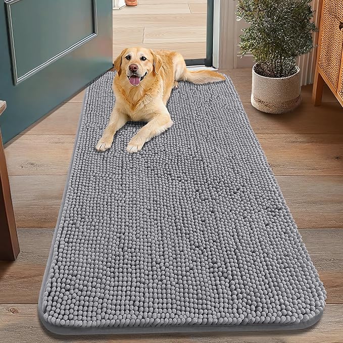 Smiry Dog Door Mat for Muddy Paws 48x30, Absorbs Moisture and Dirt Doormat, Non-Slip Washable Quick Dry Chenille Front Door Mat Indoor Entrance, Entryway Carpet for Inside Floor, Grey