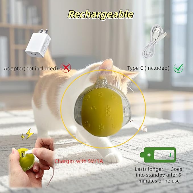Interactive Cat Toy Ball – Automatic Electric Rolling Ball with Chirping Bird Sounds, Motion-Activated Indoor Toy for Kittens and Cats, Fun Exercise Play (Yellow)