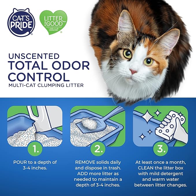 Cat's Pride Max Power: Total Odor Control - Up to 10 Days of Powerful Odor Control - Strong Clumping - Hypoallergenic - 99% Dust Free - Multi-Cat Litter, Unscented, 15 Pounds