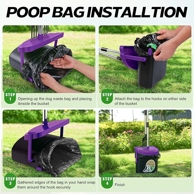 UPSKY Dog Pooper Scooper Swivel Bin & Rake Kit with 100 Waste Bags,33.4" Stainless Steel Long Handle Heavy Duty Pet Poop Shovel for Large Medium Small Dogs, Odor-Proof Lid for Yard/Lawn/Outdoor Use