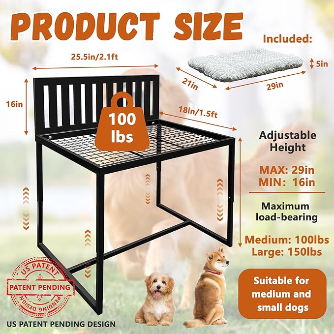 Beside Dog Bed,Adjustable Height Dog Bunk Beds,25.5‘’x18‘’Metal Dogs Bed Frame with Removable Cushion,Medium