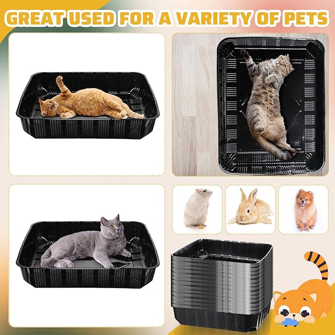 Zubebe 50 Pack Disposable Cat Litter Box for Cats, Large Disposable Kitty Litter Tray Boxes 19.69 x 15.75 x 3.94 Inches Plastic Pets Pan Standard for Indoor Home Travel Portable(Black)