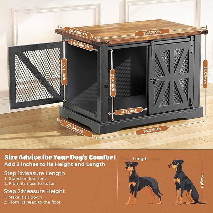 VOPEAK 40" Farmhouse Dog Crate Furniture, Heavy Duty Dog Cage for Medium Large Dogs, Dog Crate Dog Kennel Indoor with Double Doors, Chew Resistant End Table for Bedroom Living Room, Black