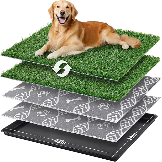 LOOBANI 41x27in Large Dog Litter Box with 2 Artificial Grass Patch + 2 Washable Pee Pads, Quickly Absorbency Portable Patio Potty for Balcony Apartment Use