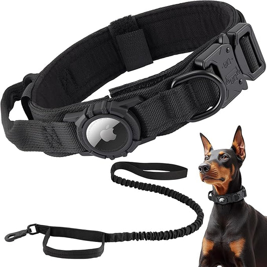 Tactical AirTag Dog Collar Leash Set - Heavy Duty, Adjustable GPS Collar Compatible with Apple AirTag, with Holder & Control Handle for Medium/Large Dogs [ Black, L ]