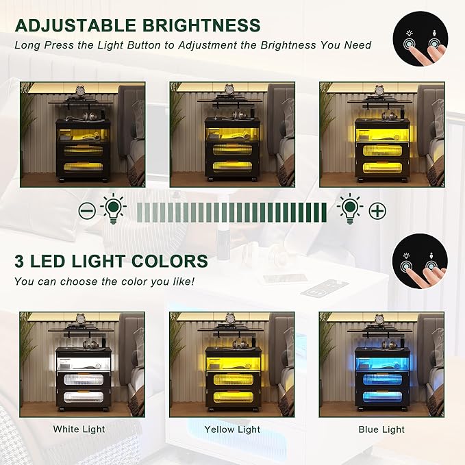 HNEBC Nightstand with Wireless Charging Station, LED Nightstand Has Adjustable Rotary Workstation,Smart Night Stand with 2 Drawers,Modern Bedside Table for Bedroom, Sensor Light/Wheel (Black)