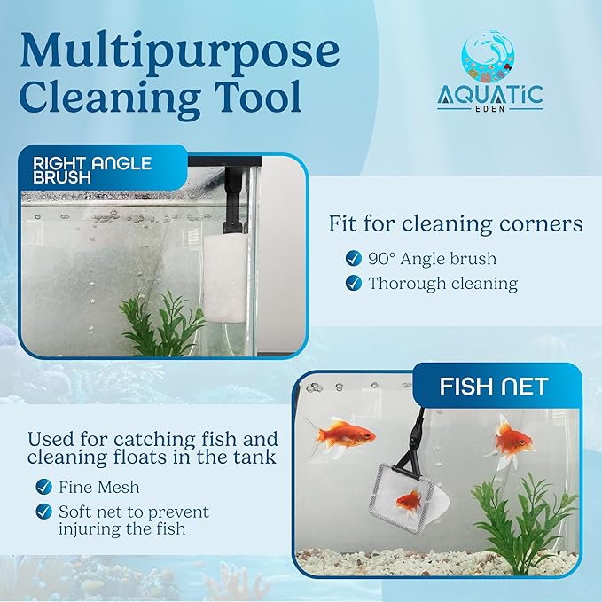 Aquarium Cleaning Tools 7 in 1 - Fish Tank Cleaning Kit with Algae Scraper, Scrubber Pad, Adjustable Telescopic Long Handle, Fish Net, Gravel Rake, Fork & Brush - Saltwater & Freshwater Tank
