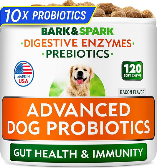 Bark&Spark Vet Strength Dog Probiotics Chews & Digestive Enzymes for Allergies Itchy Skin - Dogs Digestive Health - Gas, Diarrhea, Constipation Relief Pills - Prebiotics for Dogs Gut Health (120 Ct)