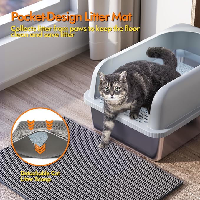 Stainless Steel Cat Litter Box with Lid, 24" L x 16" W x 11.8" H, Large Cat Litter Box for Multiple Cats with High Sided, No-Leak & Stick, Easy to Clean, Includes Litter Mat & Multi Functional Scoop