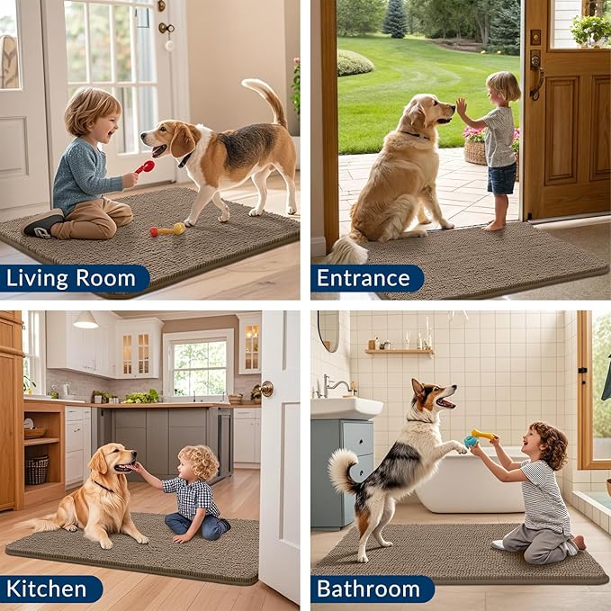 Smiry Dog Door Mat for Muddy Paws 40x32, Absorbs Moisture and Dirt Doormat, Non-Slip Washable Quick Dry Chenille Front Door Mat Indoor Entrance, Entryway Carpet for Inside Floor, Camel