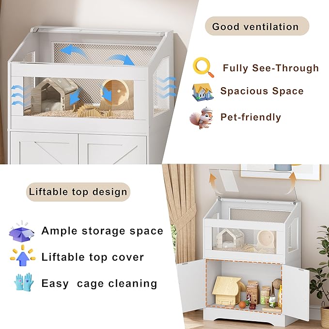 PAKASEPT Hamster Cage, Small Animal Cages with Storage Cabinet, Visual and Ventilated Large Habitats Hamster House for Rat, Guinea Pig, Hedgehog, Gerbil, White