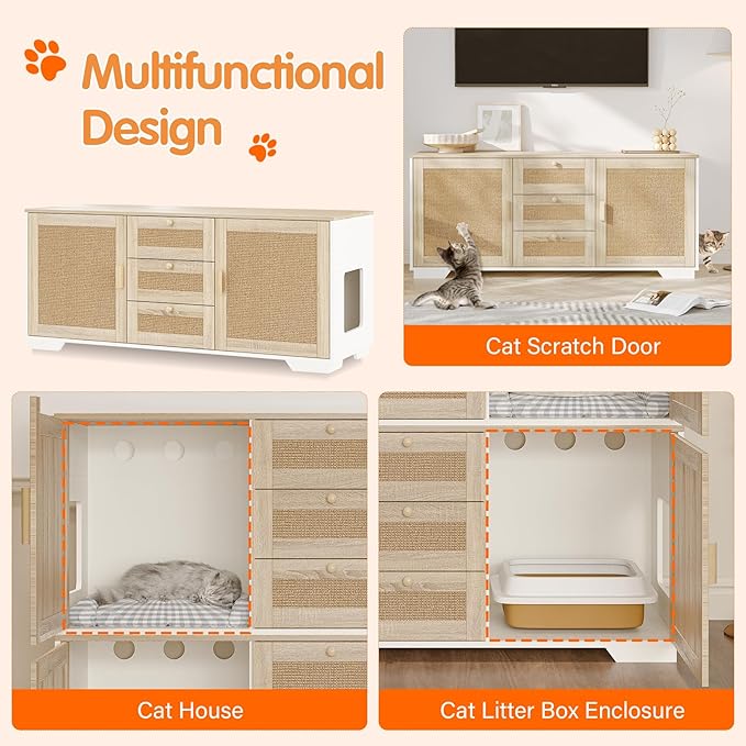 Cat Litter Box Enclosure Furniture Hidden Indoor 2-in-1 Wooden Cat & Washroom Cabinet with Scratching Board Doors and 3 Drawer for 2 Cats, 55"x20"x24"H
