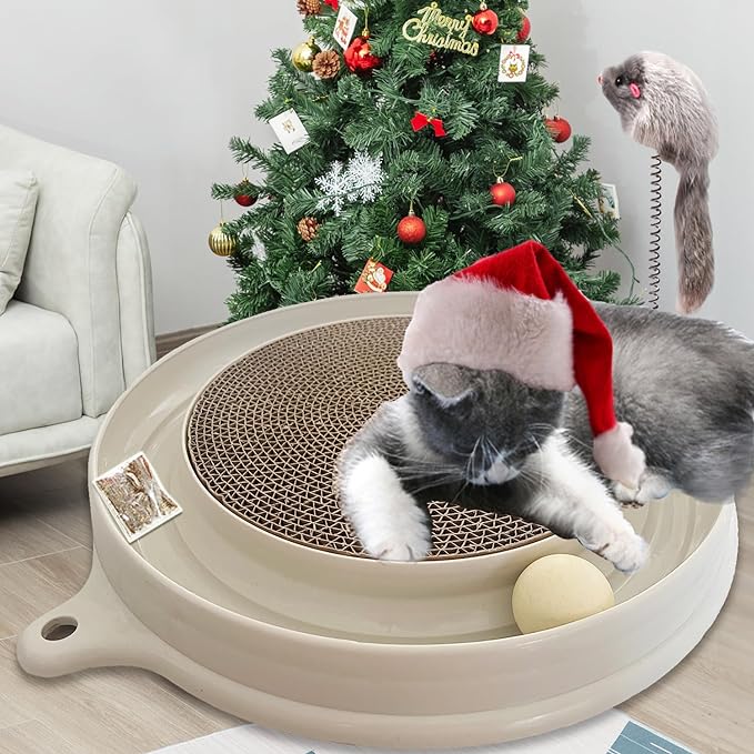 AUOON Cat Scratcher Toy - Cat Scratch Pad with Cat Toy Ball Track and Plush Mouse Toy for Indoor Cats and Kittens (Milk Shake)