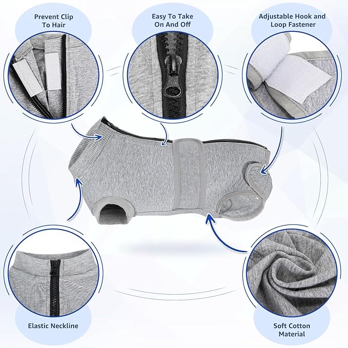 Lukovee Recovery Suit for Dogs, Zipper On Recovery Suit for Female Male Dog, Onesie Abdominal Wounds Cone E-Collar Alternative Prevent Licking Spay Recovery Suit (M,GY)