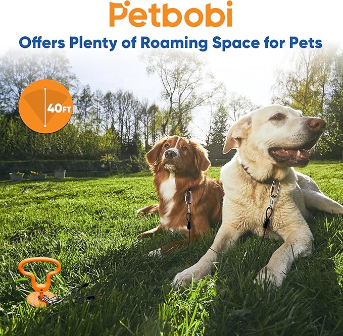 Petbobi Heavy Duty Dog Tie Out Cable and Stake - 40FT Steel Wire Dog Leads for Large Dogs Up to 300lbs, Anti Rust Spiral Stake with Strong Leash & 360° Swivel Hooks - Ideal for Yard, Outdoor & Camping