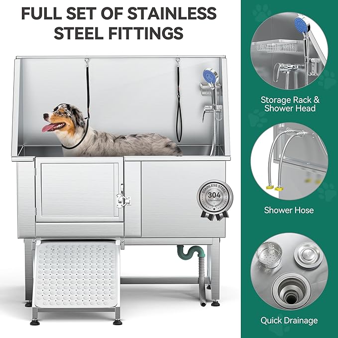 YITAHOME 50in Dog Grooming Tub Bathtub for Home 304 Stainless Steel Professional Dog Bath Washing Station w/Left Ramp, Faucet, Floor Grate for Large, Medium, Small Pets