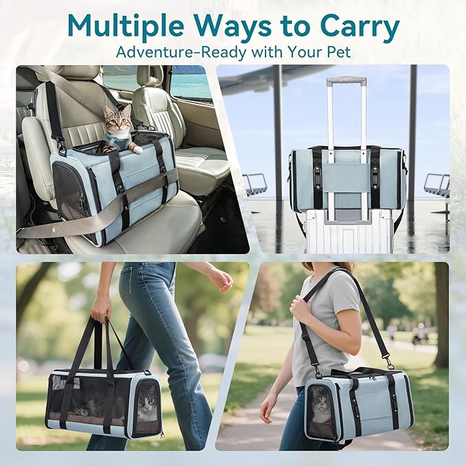 PETSFIT Soft-Sided Cat Carriers & Car Seats with Patent Safe Buckles, Clip-On Harness，18"x11"x11" Airline Approved Pet Carrier - 9 lbs Capacity (Cyan Blue)