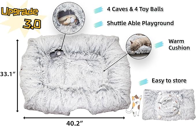 XxingSheep 4 Cave Shuttled XL Cat Tunnel Bed for Indoor Cats Peekaboo Toy Donut with Warm Mat, Azure Blue