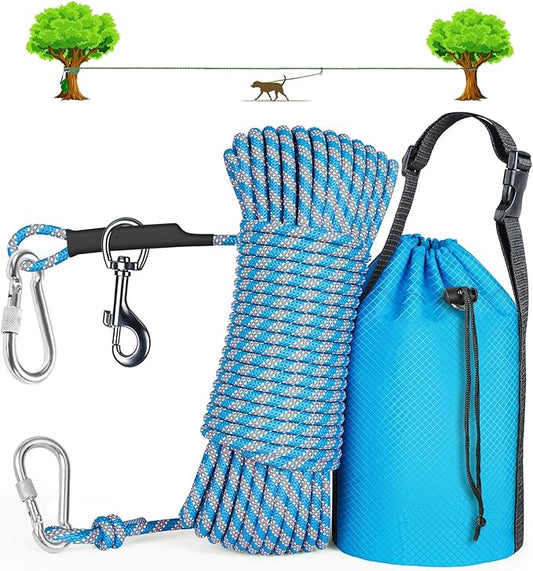 Tresbro Dog Tie Out Cable for Camping, 50ft/75ft/100ft Trolley System for Dogs up to 300lbs, Portable Lightweight Dog Runner Lead for Yard, Reflective Camping Leash for Courtyard, Park, Outside