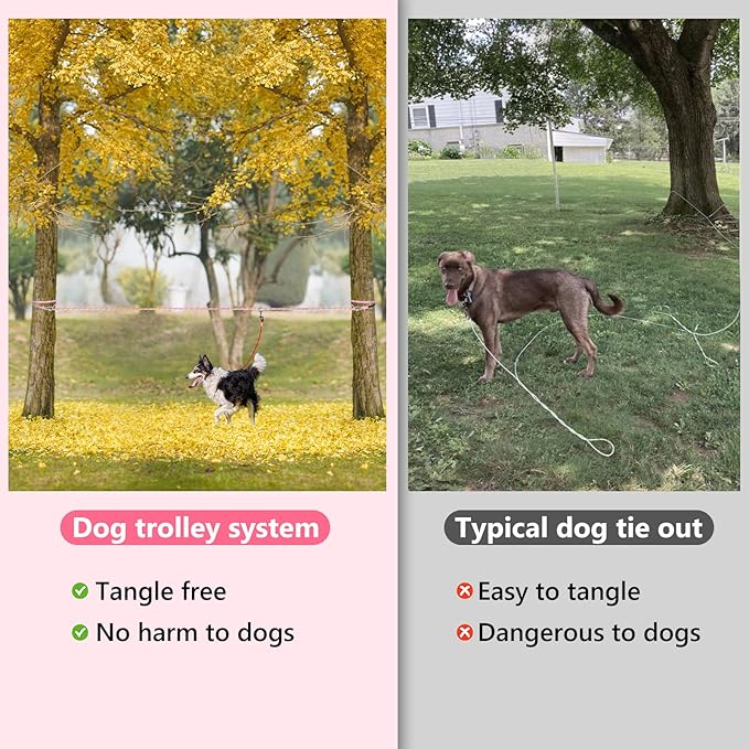 Tresbro Camping Leash, 50ft-100ft Dog Trolley System for Dogs up to 300lbs, Portable Dog Runner Lead for Yard and Park, Outside, Reflective Tie Out Cable for Camping and Courtyard