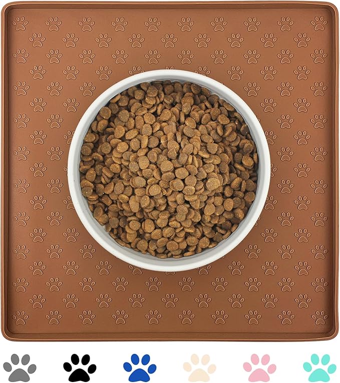 Ptlom Pet Placemat for Dog and Cat, Waterproof Silicone Pet Feeding Bowl Mats for Food and Water, Small Medium Large Dogs Mat Prevent Residues from Spilling to Floor, Brown, 11.8"x11.8"
