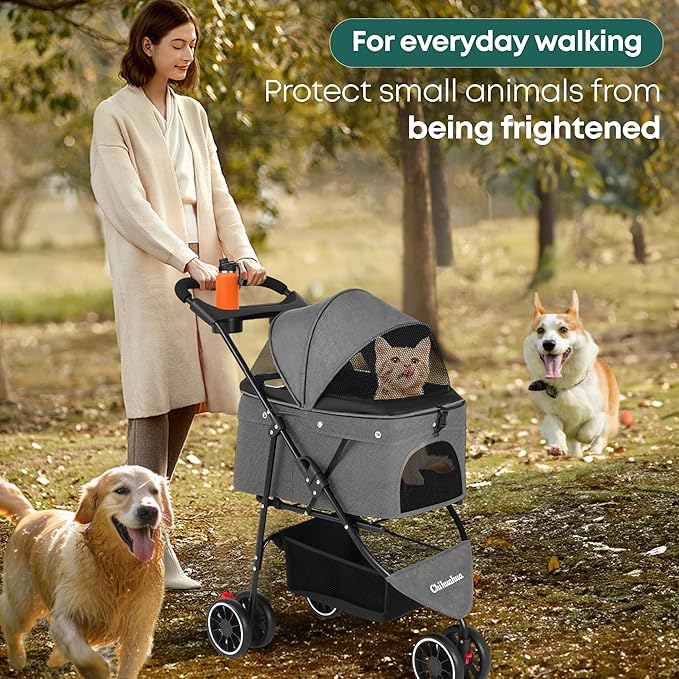 Pet Stroller,Dog Stroller for Small Medium Dogs Cats,3 Wheels,Foldable,with Breathable Mesh Canopy,Cup Holders,Easy Assembly,Grey
