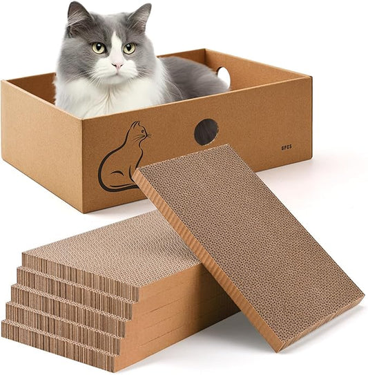 AUSCAT Cat Scratcher Box with 6PCS Cat Scratching Board, Cardboard Cat Scratchers for Indoor Cats, Reversible Cat Scratch Pads for Small Medium Kittens, 14.6" L x 10.9" W x 5.2" H