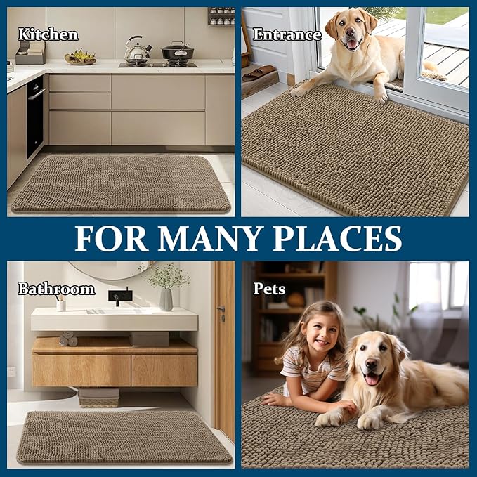 OLANLY Dog Door Mat for Muddy Paws 70x24, Absorbs Moisture and Dirt, Absorbent Non-Slip Washable Doormat, Quick Dry Chenille Mud Mat for Dogs, Entry Indoor Entryway Carpet for Inside Floor, Tan