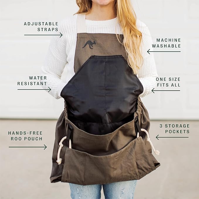 Roo Gardening Apron with Pockets & Harvesting, Picking Pouch - Adjustable, Water-resistant, Washable Canvas Cotton