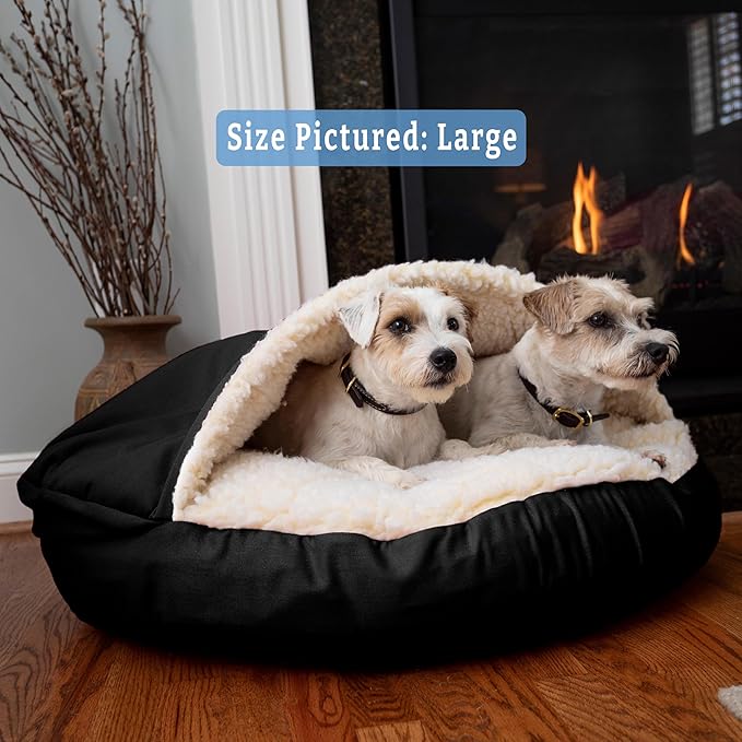 Snoozer Luxury Cozy Cave Dog Bed - Indoor Dog Bed with Cover Cave, Covered Calming Burrow for Small & Medium Sized Pets with Blanket Attached, Enclosed, Washable - Large, Black