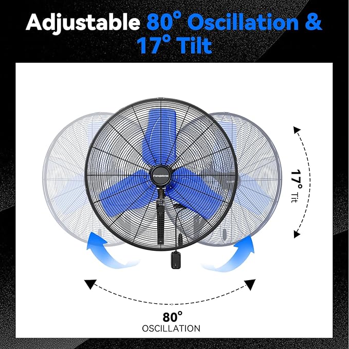 Pro 9500 CFM 24" Outdoor IP44 Waterproof Wall Mount Fan, 3-Speed Oscillating Metal Fans with Enclosure Motor, Heavy Duty Wall Fan for Patio, Warehouse, Garage, and Jobsite