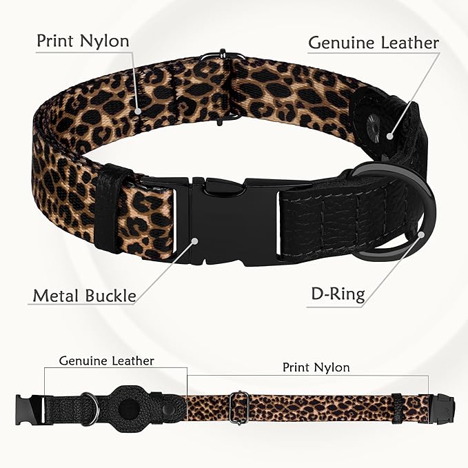 AirTag Dog Collar for Small Medium Large Breed - Adjustable Cute Pattern Dog Collar with Airtag Holder - Soft Leather Tracker GPS Apple Air Tag Pet Collars (X-Small, 9"-12" Neck Fit, Leopard)