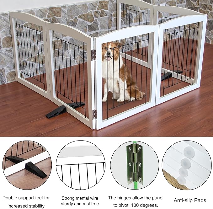 ZJSF Freestanding Dog Fence Indoor, Foldable Dog Gate for Doorways, Stairs or Hallways, Sturdy Wood Extra Wide Pet Gate with Support Feet for The House, White, 24 "Height-6 Panels